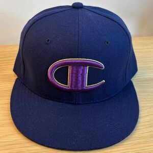 Champion Fitted Baseball Cap Navy Blue Purple Embroidered Logo Size 7 3/8 Hat